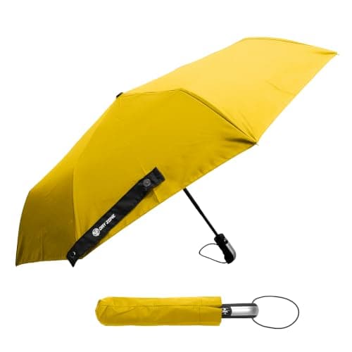 Dry Zone Windproof Three-Fold Small Umbrella 23”, Yellow – Heavy-Duty Vented Strong Umbrella with Wind-Resistant Design, Fibreglass Frame, Magnetic Strap, Black Handle, Waterproof Protection