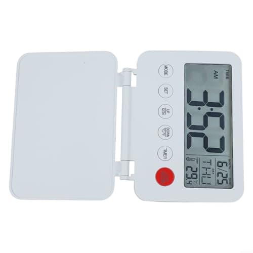 Travel Alarm Clock with Backlight, 12/24H Display, Calendar and Temperature, Weekend Mode, Compact Portable Design for Bedside Desk, Battery Operated(White)
