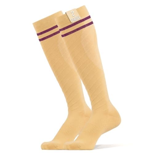 360 RELIEF 2 Pairs Compression Socks for Women Men, 15-20 mmHg Supports Circulation, Travel Flight Socks, Pregnancy Stockings L/XL, Beige with 2 Plum Purple lines + Laundry Bag
