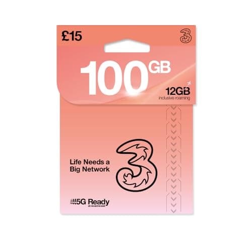 THREE 4G/5G SIM Card UK & ROAM FREE in over 70 destinations - PREPAID PAYG £15 Bundle - 75GB + (25GB FREE DATA) Unltd Texts & Mins - ROAMING ALLOWANCE 12GB