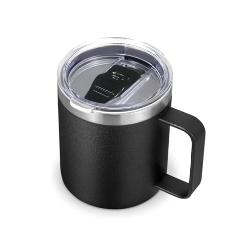 Volhoply 14oz Insulated Stainless Steel Coffee Mug with Leakproof Lid,Double Wall Vacuum Travel Coffee Cup with Handle,Reusable Metal Tumbler,Camping Mugs Keep Hot/Cold,Christmas Gifts(Black,1