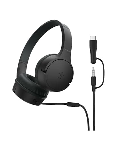 Belkin SoundForm Mini Kids Wired Headphones with USB-C to 3.5mm Dongle, Built-in Mic & Fun Stickers, 85dB Max Volume – for Online Learning, Travel, Compatible with iPhone, iPad, Galaxy, etc - Black