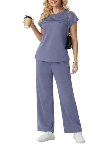 GRECERELLE Two Piece Outfits Women Summer Travel Vacation Tracksuit Womens Full Set Short Sleeve Casual Crew Neck Cap Sleeve Front Plisse Matching Sets Wide Leg Pants (Haze Blue, S) — view 4