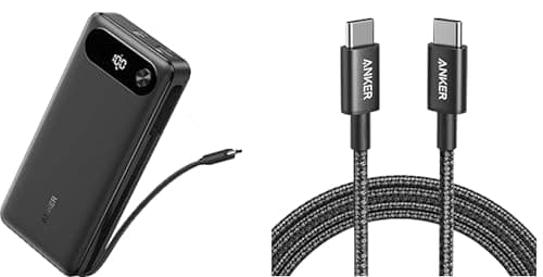 Anker Power Bank, 20,000mAh Portable Charger with Built-in USB-C Cable&USB C Charger Cable (6ft/1.8m Nylon 100W), 87W Max Fast Charging Battery Pack, for iPhone 17/16/15, Samsung,and More