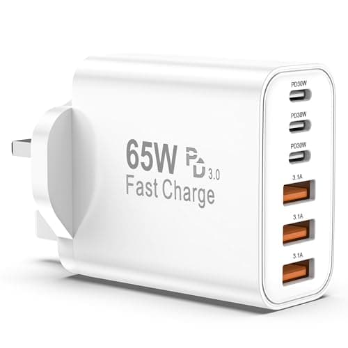 BSTOEM USB C Plug Fast Charge, 65W 6-Port UK Multi USB Wall Plug 25W(MAX)