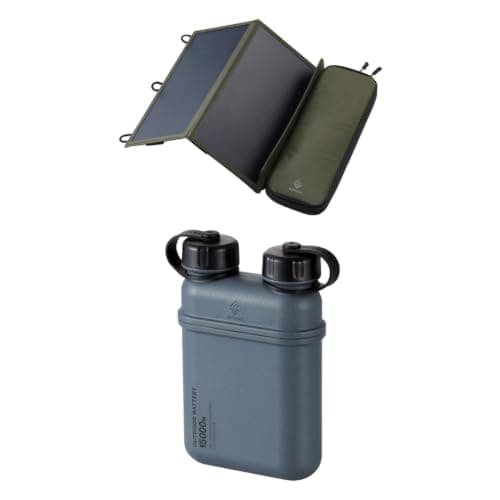 ELECOM NESTOUT 2-Panel Solar Charger 14W (Olive) & 15000mAh Outdoor Power Bank (Grey) – Bundle