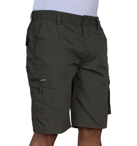 Men's Cargo Shorts Elastic Waist Multi-Pocket – Lightweight Outdoor Summer Work Bottom for Men with Deep Pockets, Drawstring, Relaxed Fit | Hiking Camping Athletic Casual Pant Khaki Size Large