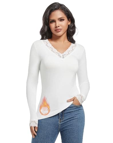 MOSCOAL Fleece Lined Thermal Tops for Women Long Sleeve Lace Trim Base Layer V Neck Shirt, White, M