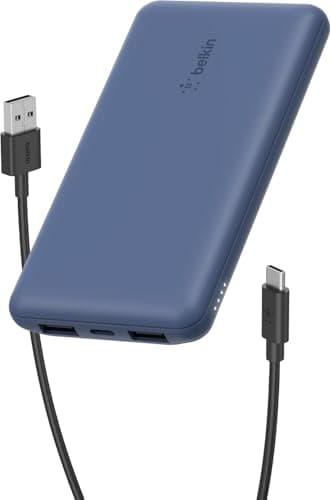 Belkin 10000mAh portable power bank, 10K USB-C portable charger with 1 USB-C port and 2 USB-A ports, battery pack for up to 15W charging for iPhone, Samsung Galaxy, AirPods, iPad, and more - Blue