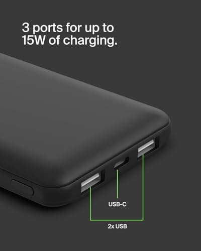 Belkin 10000mAh portable power bank, 10K USB-C portable charger with 1 USB-C port and 2 USB-A ports, battery pack for up to 15W charging for iPhone, Samsung Galaxy, AirPods, iPad, and more - Black — view 2