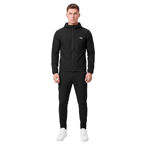Spindle Men’s 2-Pack Premium Performance Tracksuit Twinset – Tech Bi-Stretch Athletic Hooded Jacket & Jogger Pants Sweatshirt Bundle, Breathable Cotton Poly Training Gym Sweatsuit Set (Black) — view 2