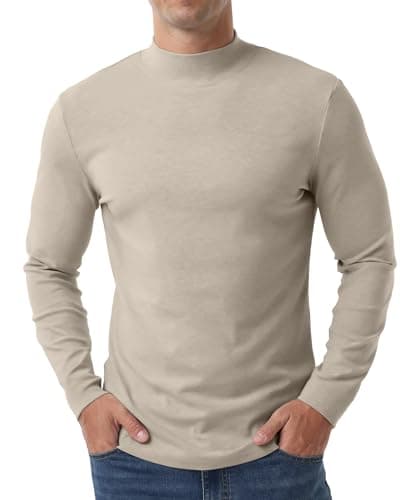 Hisir Men's Thermal Top, Mock Neck Cotton Base Layer, Apricot, L