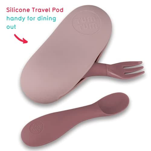 TUM TUM Silicone Baby Cutlery with Travel Case - Baby Spoon & Fork Set - Designed with Feeding Specialist - Baby Led Weaning Utensils - Dishwasher, Steriliser Friendly - BPA Free - 6m+, Pink — view 3