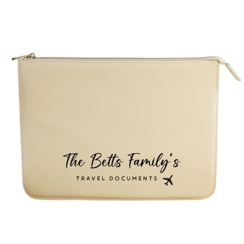 eBuyGB Personalised Family Passport Holder A4 Travel Document Wallet, Faux Leather Travel Folder, Zipped Family Name Passport Organiser, Holiday Travel Pouch for Passports, Boarding Passes (Oyster)