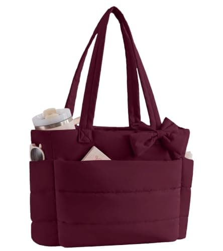 CTWWFS Puffer Tote Bag for Women, Quilted Bow Tote Bag with Cup Holder & 15.6 In Laptop Compartment for Work, Travel, Gym, College (Burgundy)