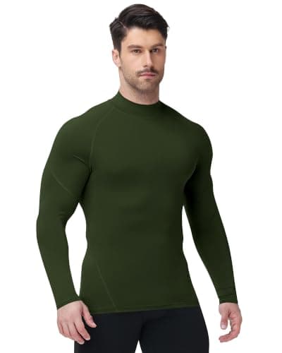 Runhit Olive Green Compression Shirt Men Mock Turtle Neck Long Sleeve T Shirt Fishing Work Motorcycle Ski Training Sports Top Summer Stretchy Tee Slim Fit M — view 2