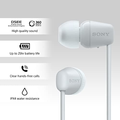 Sony WI-C100 Wireless In-ear Headphones - Up to 25 hours of battery life - Water resistant- Built-in mic for phone calls - Voice Assistant compatible - Reliable Bluetooth connection - White — view 4