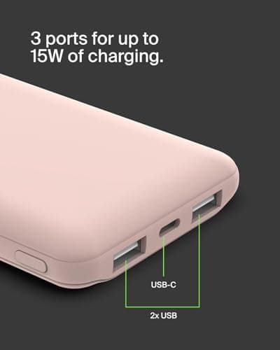 Belkin 10000mAh portable power bank, 10K USB-C portable charger with 1 USB-C port and 2 USB-A ports, battery pack for up to 15W charging for iPhone, Samsung Galaxy, AirPods, iPad, and more - Rose Gold — view 4