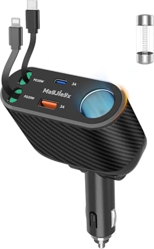Magjieyx Retractable Car Charger, 180W Cigarette Lighter Splitter Fast Charging Socket with Replaceable Fuse Dual Type C Cables Compatible with iPhone 17/16/15/14/13/12/11 Pro Max Plus iPad Galaxy