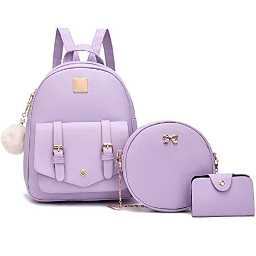 Gloppers Girls Mini Backpack Purse 3PCS Set Cute Faux Leather Rucksack with Shoulder Bag and Card Holder for Travel School (Purple)