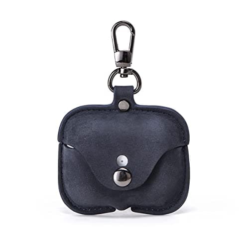 Hiram Genuine Crazy Horse Leather Earphone Case Compatible with AirPods Pro, Durable and soft leather headphone earbuds travel case with Key Chain