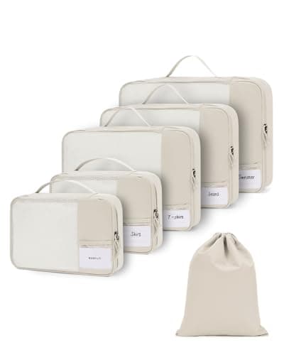 ECOHUB Packing Cubes for Suitcase, 6pcs Suitcase Organiser Bags with Tag, Recycled Travel Organiser Packing Bags for Backpack, Rip-stop Mesh Luggage Packing Organizers, Beige (Patent Pending)
