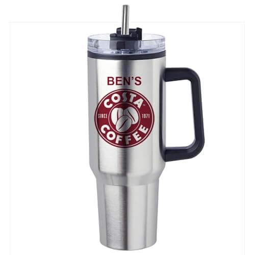 Giftme Personalised with Any Name Costa Unique, 40oz Travel Tumbler with Handle & Straw |Stainless Steel Large Cup | Travel Water Bottle | Car Coffee Mug. (Silver)