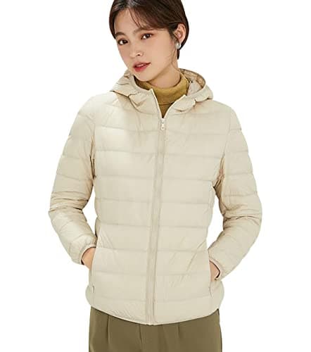 Lightweight Down Jacket Women Packable Ladies Puffer Jacket Coats for Women Puffa Jackets With Hood Hooded Waterproof Puffer Jackets Womens Compressible Down Feather Coat Parka Quilted Padded Beige M