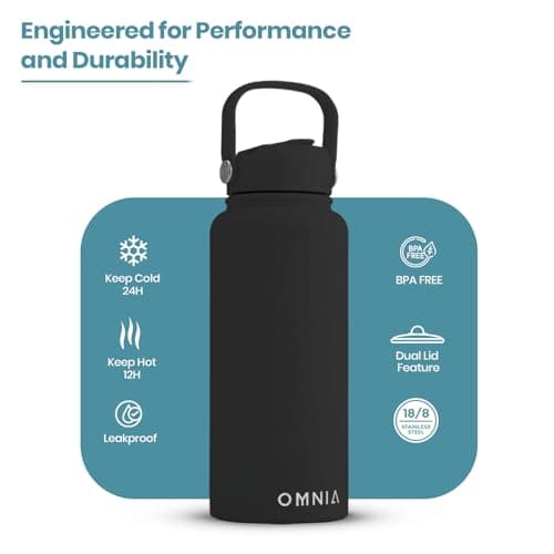 OMNIA NUTRIENTS Vacuum Insulated Stainless Steel Water Bottle, 2 Lids (Straw & Spout) Leakproof, BPA-Free, Reusable Flask Ideal for Travel and Outdoors (Black - 1000 ml) — view 2