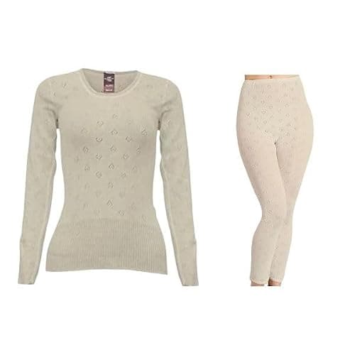 Top Linen (NW) Ltd Snowdrop Ladies Thermal Set – 2 Piece Long Sleeve Round Neck Vest & Long Johns, Warm Winter Base Layer for Women, Soft & Lightweight (Cream, L)