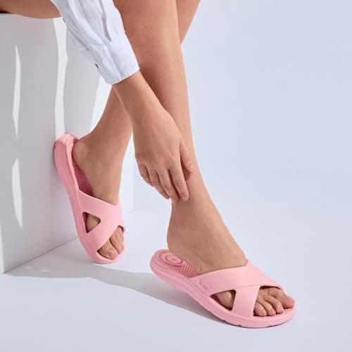 totes® ® SOLBOUNCE Ladies Cross Strap Slider Sandals, Lightweight Summer Slides with Everywear™ Cushioning, Anti-Bacterial Sole, Compression-Resistant Insole, Holiday Footwear, Pink, UK 6 — view 2