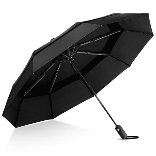 TECKNET Umbrella Windproof Strong for Rain, Large Automatic Folding Umbrella with 9 Strong Ribs, Double Canopy, Easy Auto Open & Close, Compact Travel Portable Durable & Lightweight Umbrellas, Black