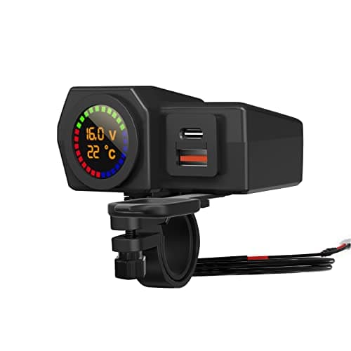 Motorcycle USB Charger Waterproof, Dual Quick Charge Ports - 5V 3.4A/3A USB and Type-C PD, Motorbike Handlebar Adapter Charger Socket with Power Switch, Voltmeter & Thermometer for Phone, Tablet, GPS