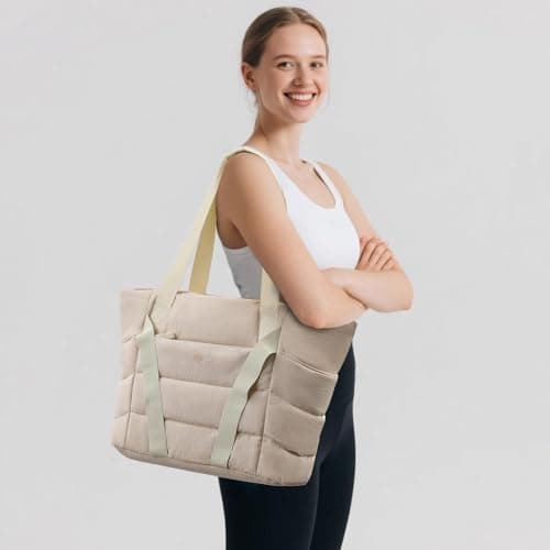 Fexkean Women's Tote Bag with Zipper,Quilted Tote Bag,Sports Gym Bag with Straps for Yoga and Pilates Mats,Large Capacity Sports/Travel Bag(XQ03-Beige) — view 5