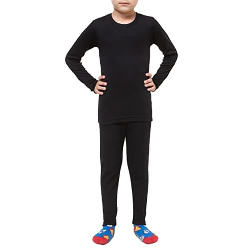 GA COMMUNICATIONS KIDS THERMAL WINTER WARM UNDERWEAR FULL SET LONG JOHN BOTTOM AND LONG SLEEVE TOP[Black,11-12]