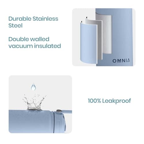 OMNIA NUTRIENTS Vacuum Insulated Stainless Steel Water Bottle, 2 Lids (Straw & Spout) Leakproof, BPA-Free, Reusable Flask Ideal for Travel and Outdoors (Sky Blue - 750 ml) — view 3