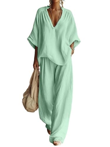 Two Piece Sets for Women Linen Co Ord Set V Neck Batwing Sleeve with Wide Leg Pants Casual Summer Loungewear Co Ord Sets Relaxed Fit Travel Two Piece Set Mint Green XXL