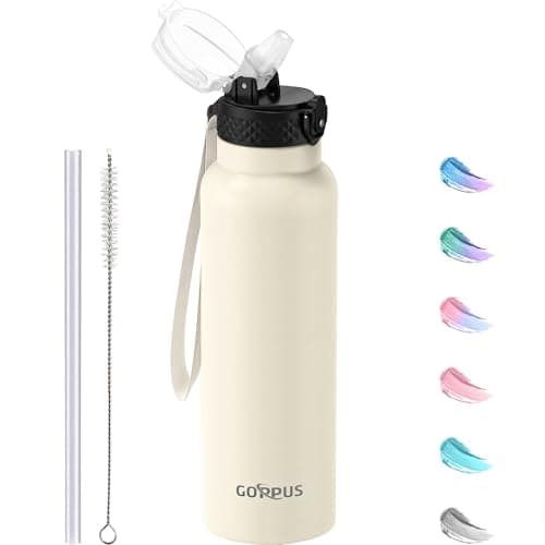 GOPPUS 750ml/26oz Stainless Water Bottle with Straw Double Wall Insulated Bottles with Strap Reusable Vacuum Thermal Flask Leakproof Keep Cold Drinks Bottles with Flip Top Lid BPA Free (Beige)