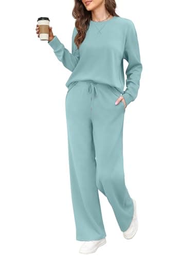 Saloogoe Lounge Sets for Women 2 Piece Sweatsuits Travel Outfits Fall Crewneck Sweatshirts Wide Leg Sweatpants Matching Sets, F-teal, M — view 2