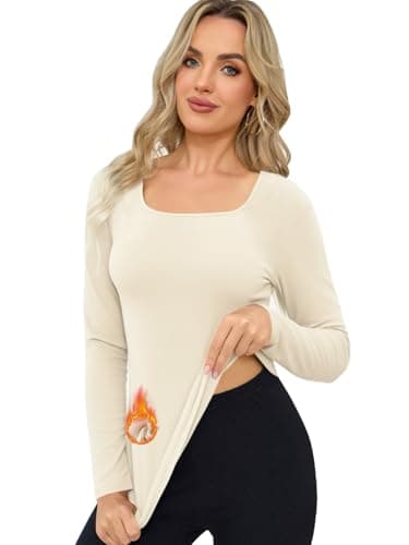 Kefiyis Thermal Tops Womens Long Sleeve Thermal Underwear Womens Elasticity Thermals Shirt Winter Warm Base Layers Beige S