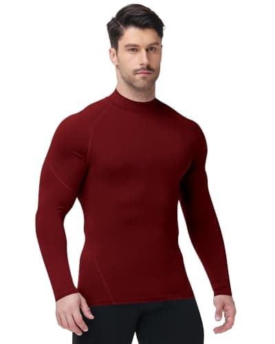 Runhit Burgundy Long Sleeve Compression Top High Neck T Shirts for Men Quick Dry Gym Fitness Workout MMA BJJ Training Base Layer M — view 2