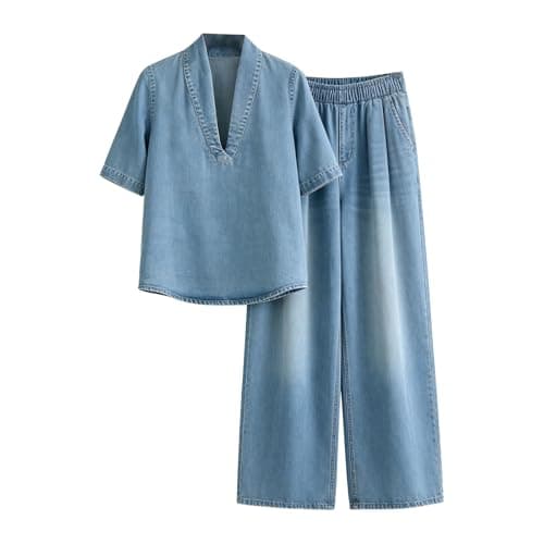 Womens Coords Sets Airport Two Piece Outfit Women Uk Denim Co Ord Sets Sleeveless Short Sleeve Blouses Wide Leg Jeans Casual Ladies Travel Suits Womens Summer Cotton Lounge Wear A2 Light Blue 3XL — view 3
