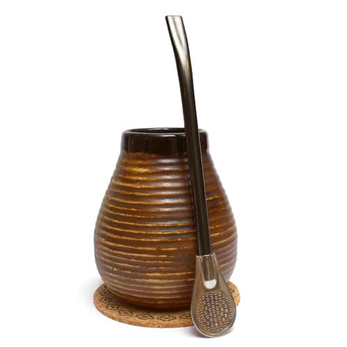 Mate Green Yerba Mate Tea Set ● Ceramic Mate Mug 350 ml ● Stainless Steel Drinking Straw Bombilla 19 cm ● Handmade Ceramic Calabash ● Mate Tea Ceramic Cup ● Cork Pad