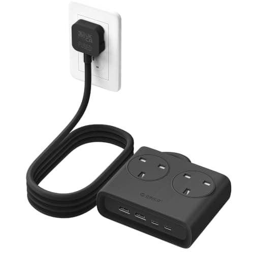 ORICO Flat Extension Lead with USB Slots, 2 Way Socket Outlets with 4 USB Ports(2 USB C & 2 USB A), 1.6m Extension Cord, Desk Power Strip for Travel, Office, Home (Black)
