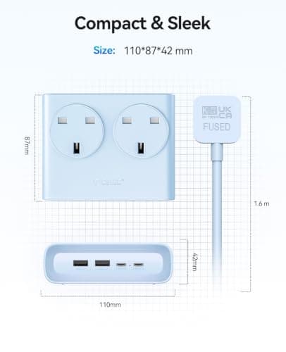 ORICO Flat Extension Lead with USB Slots, 2 Way Socket Outlets with 4 USB Ports(2 USB C & 2 USB A), 1.6m Extension Cord, Desk Power Strip for Travel, Office, Home (Blue) — view 6