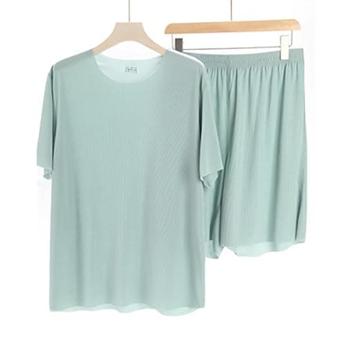 Mens Ice Silk Pajama Sets Cheap, Short Sleeve Pjs Loungewear and Shorts 2 Piece, Summer Sleepwear Soft Nightwear Round Neck Pyjamas Tops and Bottoms Outfits Solid Color Co ord Set for Casual Home — view 3
