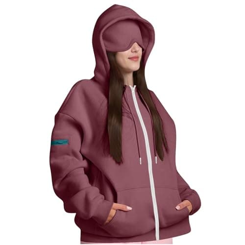 AMhomely Women's Hoodies Travel Hoodie with Eye Mask Built in Ladies Plain Zip Up Hoodie Womens Fleece Hooded Top Long Sleeves Front Pockets Soft Stretchable Comfortable Plus Sizes Wine — view 2