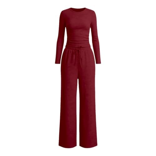 Travel Sets for Women Burgundy 2 Piece Co Ord Outfit Set Long Sleeve Top with Drawstring Wide Leg Pants Airport Travel Outfit Casual Holiday Clothes for Women UK Home Travel Streetwear Size L — view 6