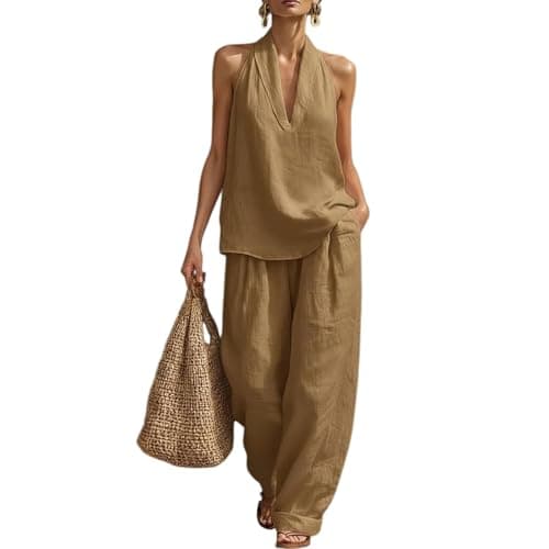 2 Piece Co Ord Sets for Women 2026 Summer Cotton Linen Lounge Wear Sets V Neck Sleeveless Tunic Tops & Wide Leg Trousers Loose Baggy Lightweight Womens Co Ord Set Holiday Travel Airport Outfits Gold — view 2