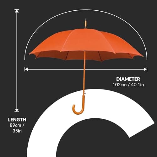 Jollybrolly Large Umbrella Orange| Wooden Walking Stick Umbrella, Crook Handle Large Canopy for Sun Protection Rainproof | Strongest Windproof Travel | Mens Umbrella Waterproof Long Stick — view 2